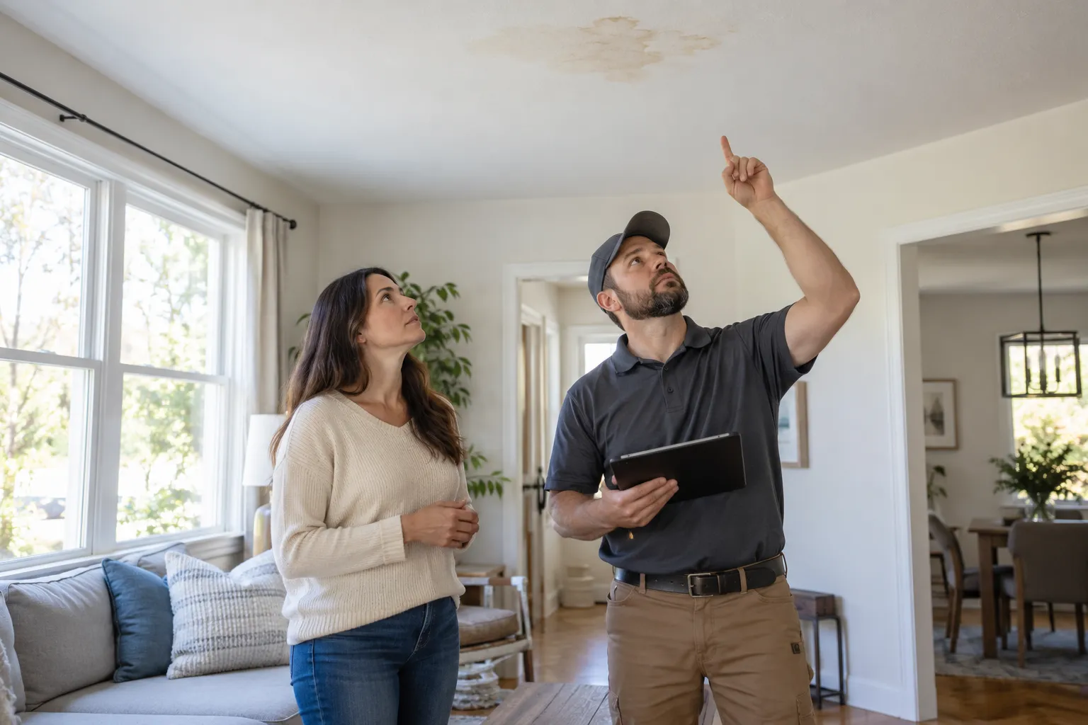 A homeowner in Denver looking at a ceiling stain with a mold provider