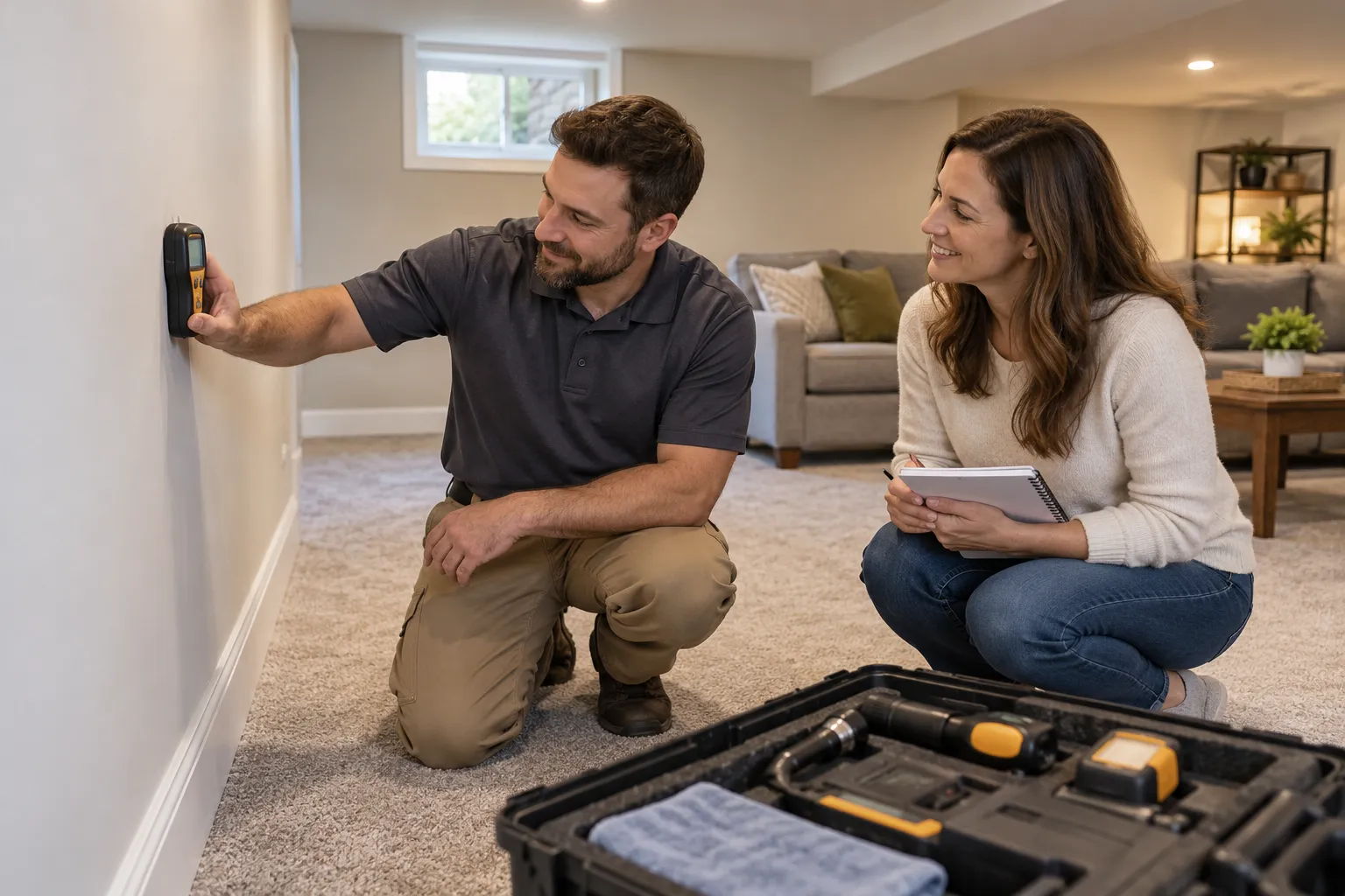 A friendly mold inspection provider showing a homeowner a moisture meter reading in a bright basement in Denver